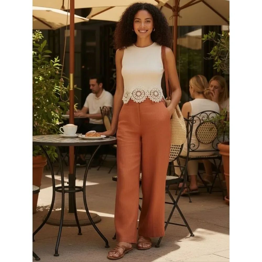 Zara Ivory Ribbed Crop Top with Lace Detail